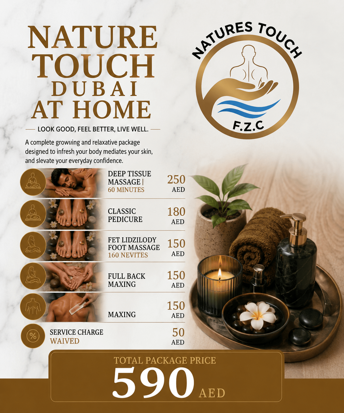 Nature Touch Dubai At Home spa package banner featuring massage, pedicure, foot massage, waxing services, and a total package price of 590 AED.