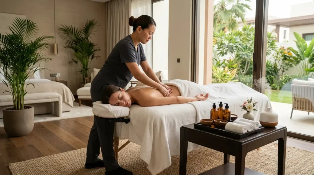 Luxury home massage Carmen Villages experience with therapist, massage table, towels and oils