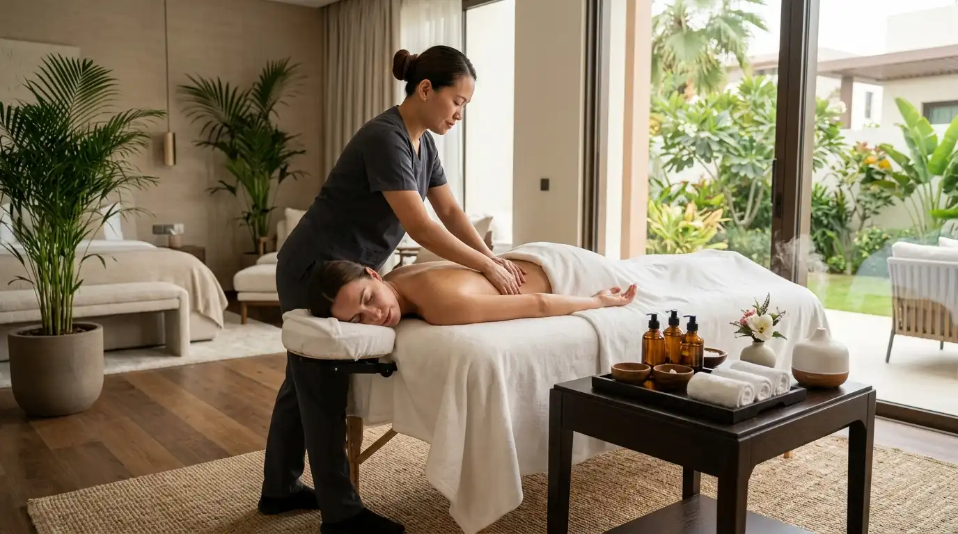 Luxury home massage Carmen Villages experience with therapist, massage table, towels and oils