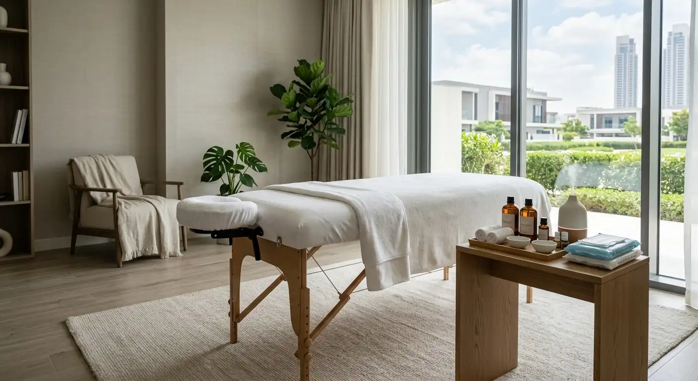 Home massage Dubai Hills with a professional therapist providing a relaxing treatment at home