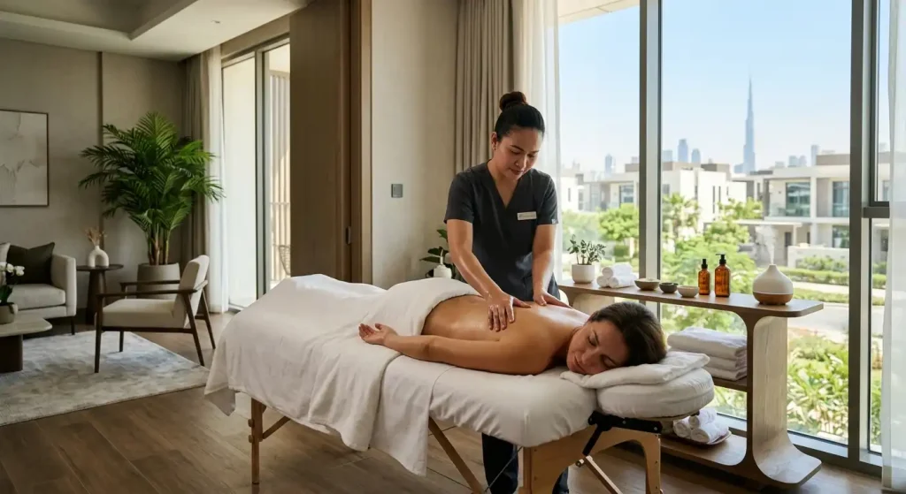 Home massage Dubai Hills therapist arriving at a residential property with massage equipment