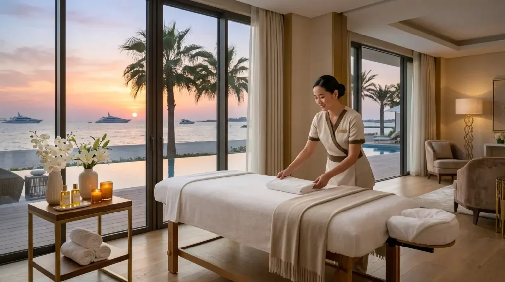 Client enjoying a relaxing spa treatment with essential oils through a professional home massage Jumeirah service.