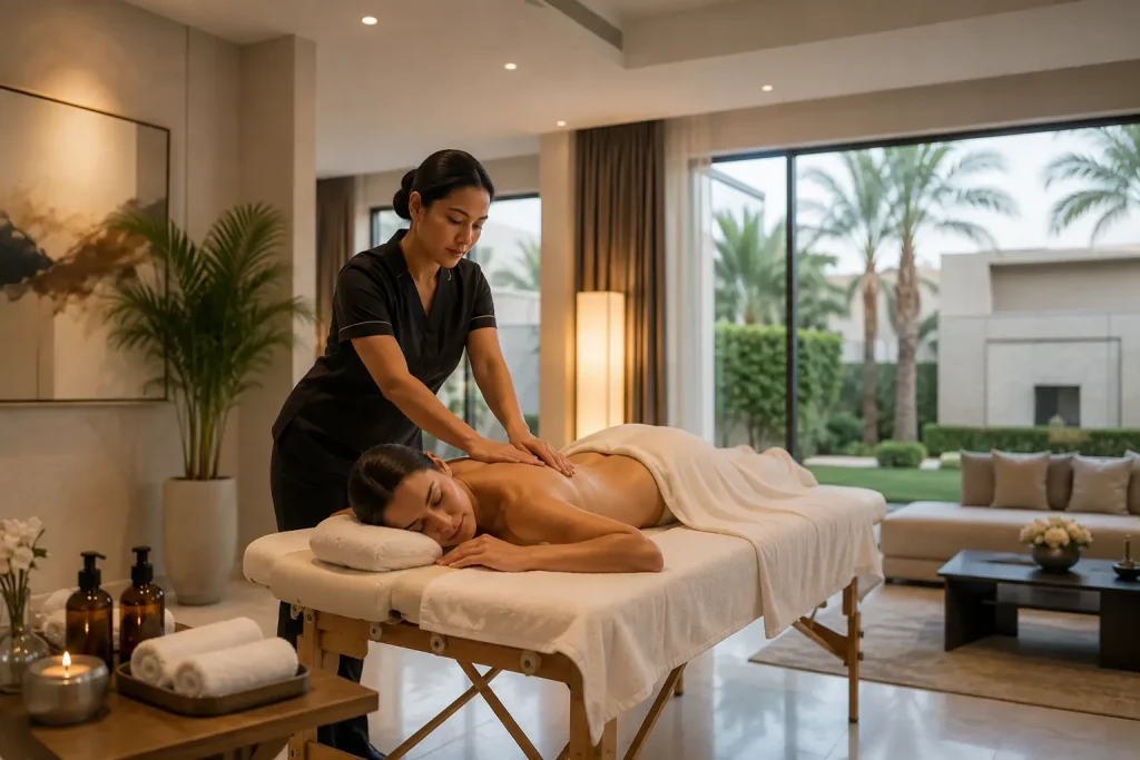 Professional home massage in Mira Oasis Dubai with therapist providing a relaxing treatment in a luxury villa