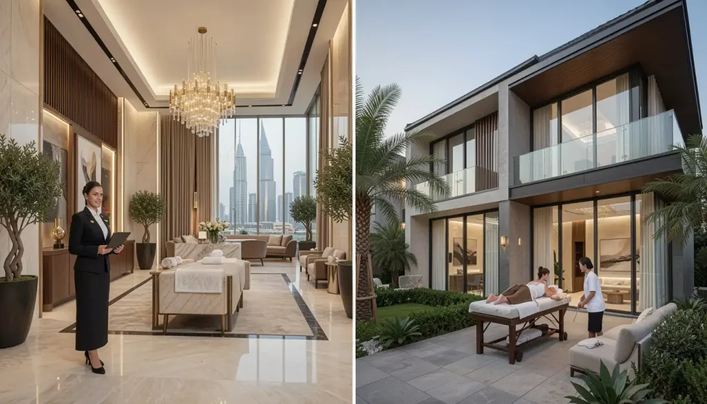 Home massage in Town Square Dubai with professional therapist in a luxury apartment and villa setting