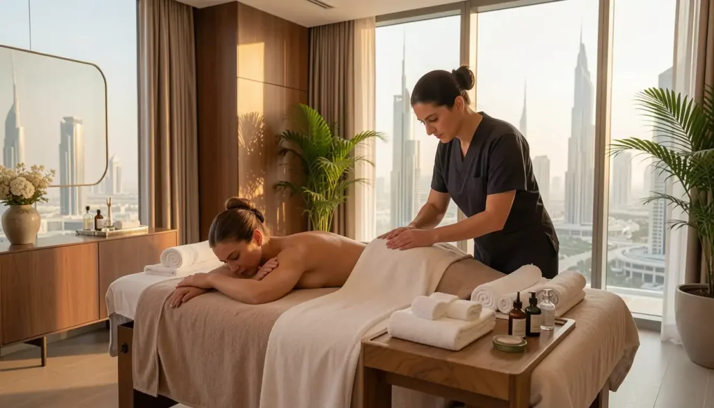 Therapist preparing a massage table during a home massage in Town Square Dubai
