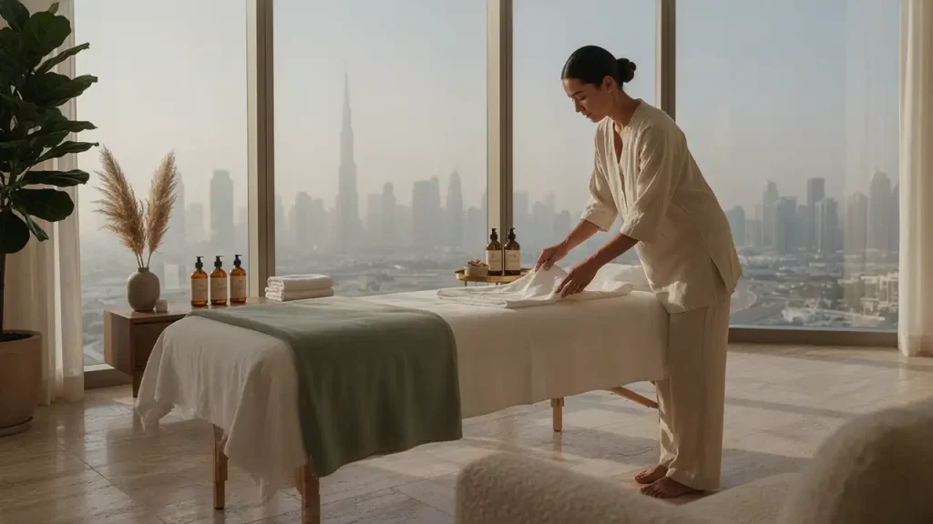 Professional home massage setup overlooking Dubai skyline in Town Square Dubai