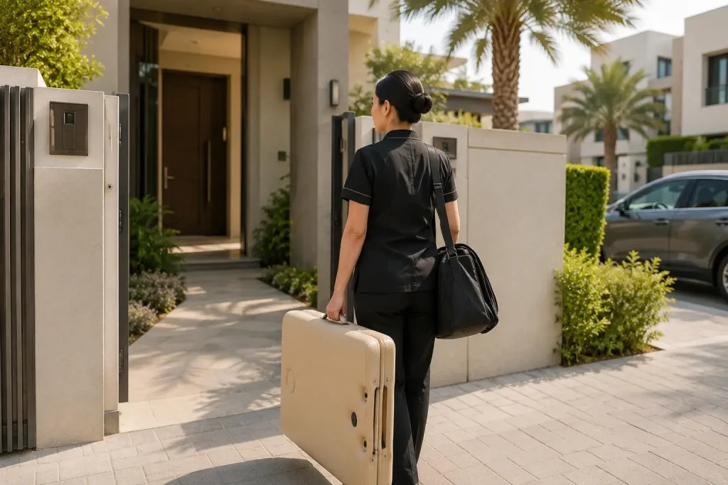 Professional therapist arriving for home massage in Mira Oasis Dubai with a portable massage table