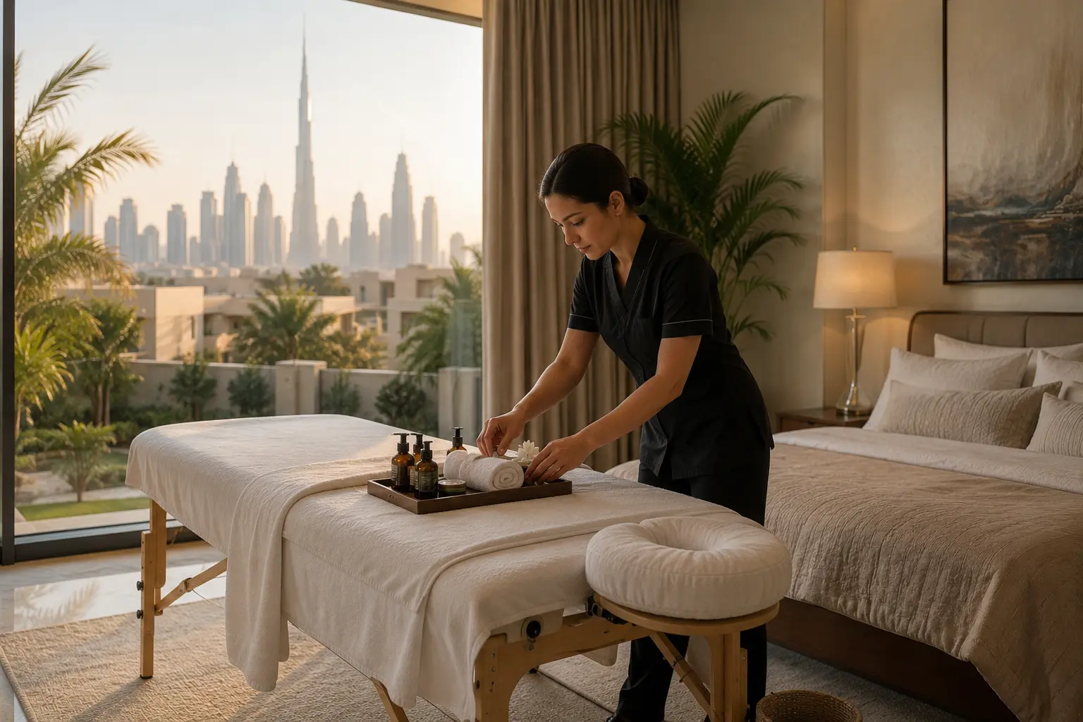 Luxury home massage in Mira Oasis Dubai with a therapist preparing a professional spa treatment