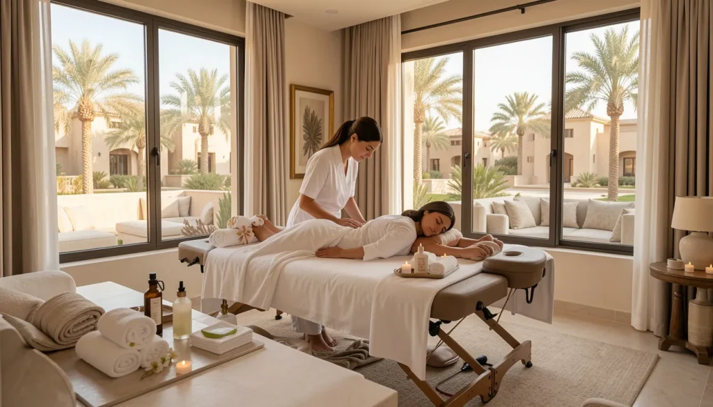 Mobile massage Arabian Ranches therapist arriving at a luxury villa with a portable massage table