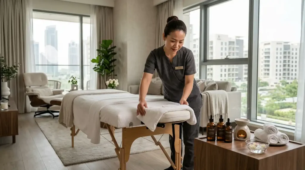 Professional therapist preparing a massage table with fresh linens for a mobile massage Dubai Studio City appointment.