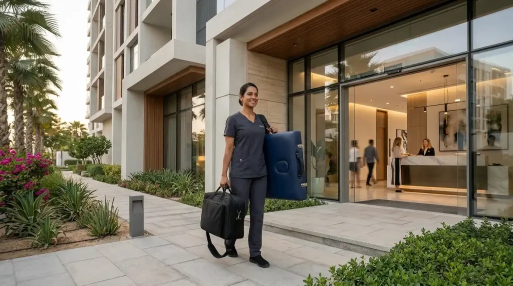 Licensed therapist carrying professional equipment for a mobile massage Dubai Studio City session at an apartment building entrance.