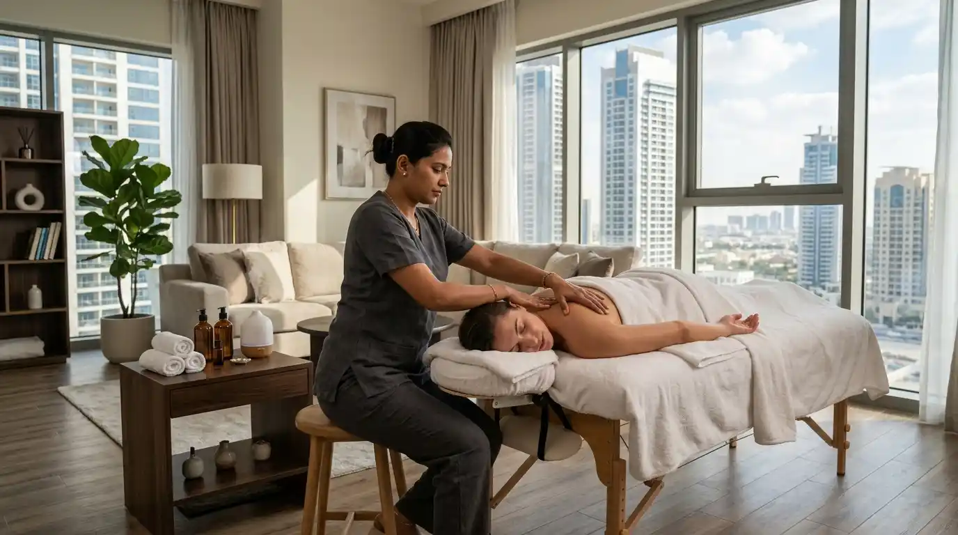 Client receiving a relaxing deep tissue mobile massage Dubai Studio City service inside a high-rise residence.