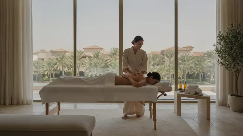 Professional home massage Arabian Ranches Dubai with a therapist providing treatment inside a luxury villa