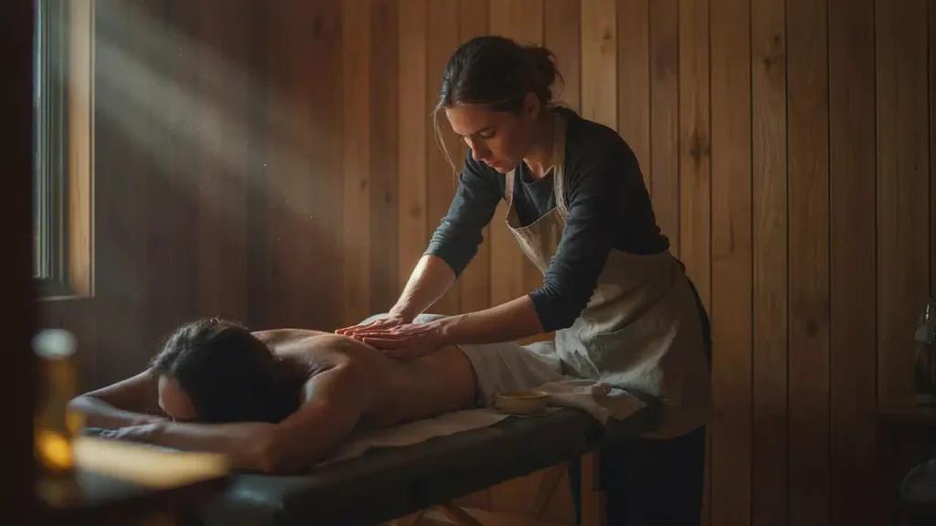 Full-body wellness session on a portable treatment table in a sunlit home setting for the best home massage Jumeirah 3.