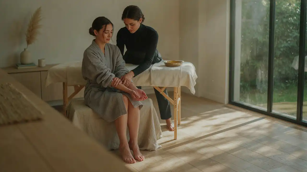 Full-body wellness session on a portable treatment table in a sunlit home setting for the best home massage Jumeirah 3.