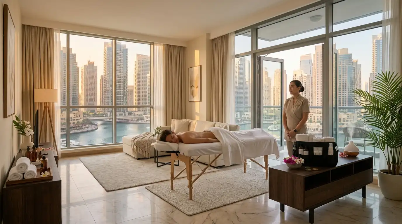 Professional therapist preparing a massage table for the best home spa Downtown Dubai service inside a luxury apartment.