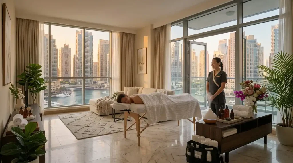 Client receiving a relaxing full body treatment from the best home spa Downtown Dubai therapist in a private apartment.