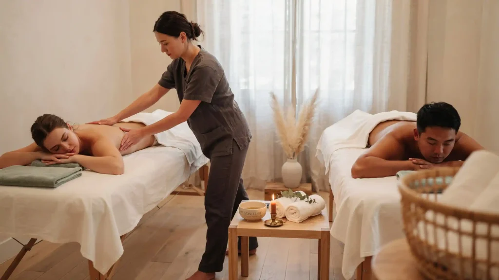 Professional therapist setting up a portable massage table and fresh linens for the best home massage in Jumeirah 1 villa