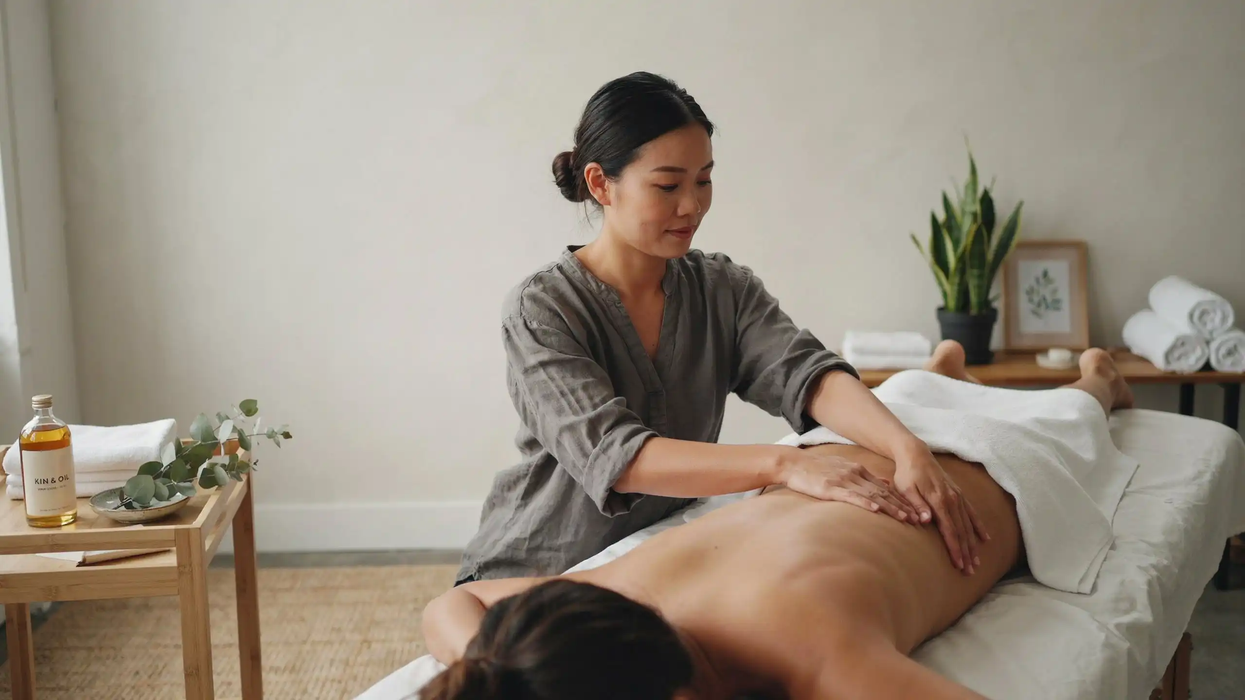 DHA-licensed therapists performing a relaxing couples massage at home in Al Barsha South in a living room setting.