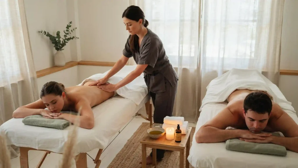 A man and woman relaxing on massage tables during a couples massage at home in Al Barsha South.