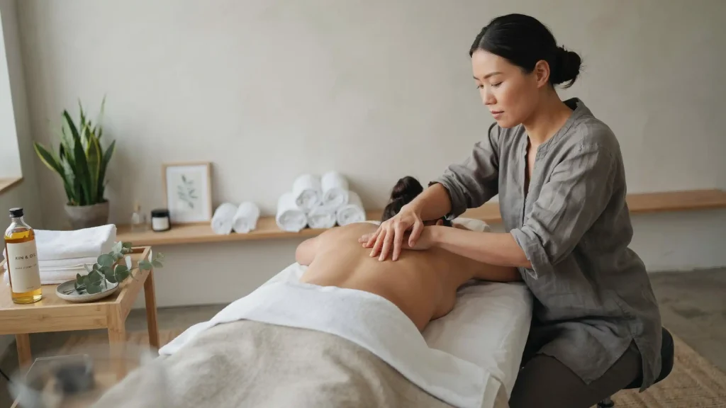 professional massage tables prepared for a couples massage at home in Al Barsha South with fresh linens and oils.