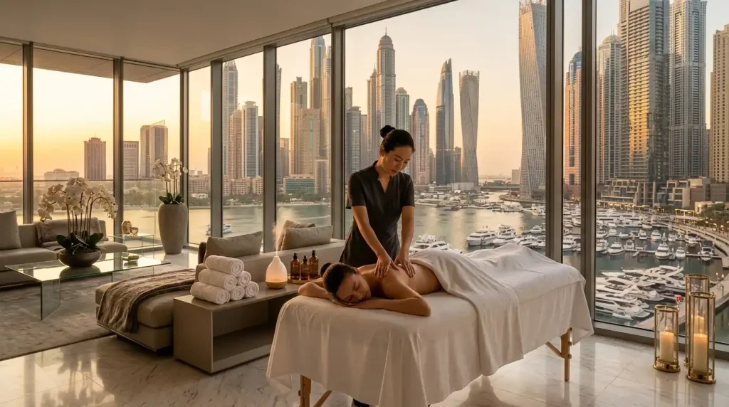 Professional massage therapist preparing a treatment table for the best home spa Dubai Marina experience in a penthouse with a skyline view.