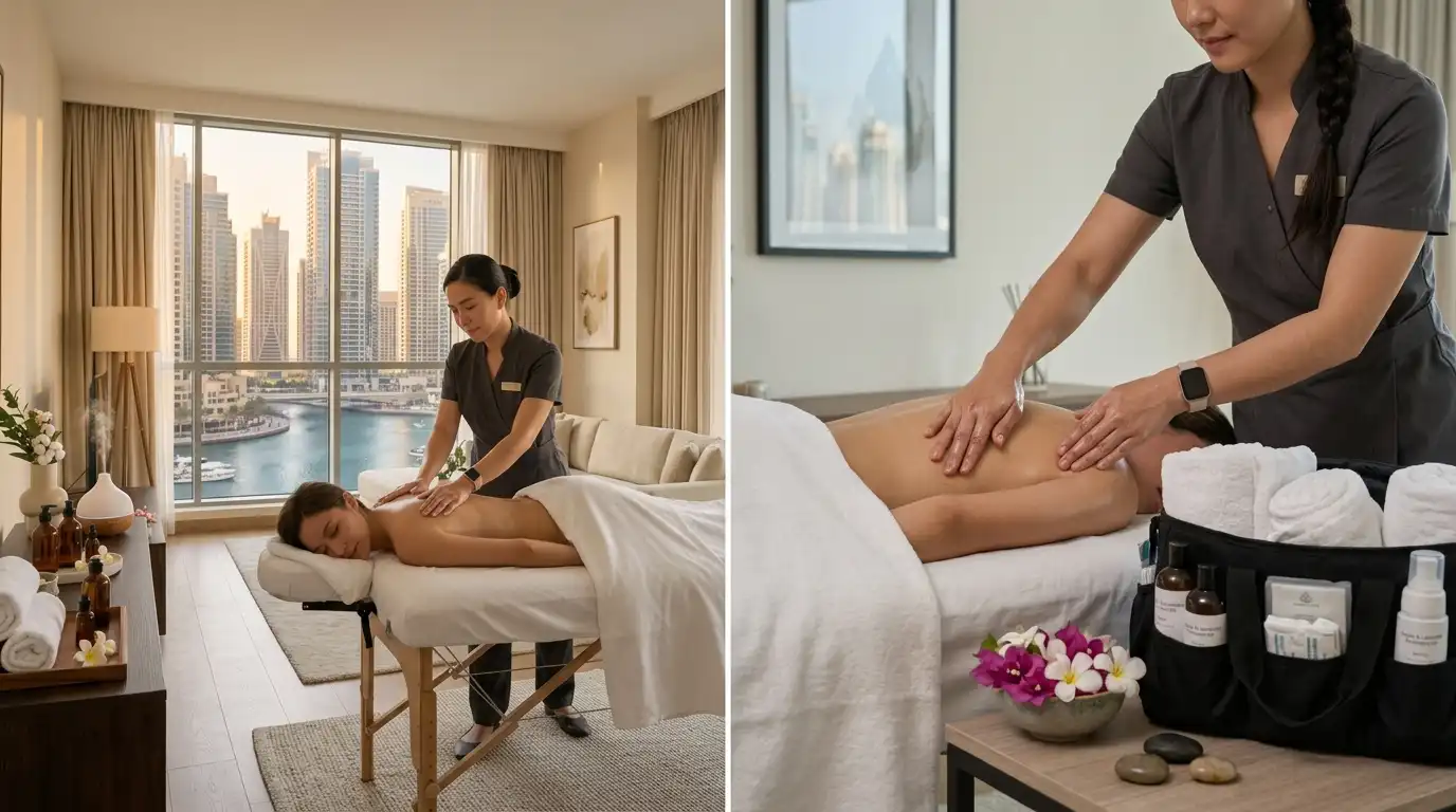 Professional therapist performing a relaxing home massage Al Barari service inside a modern villa room with organized spa supplies.