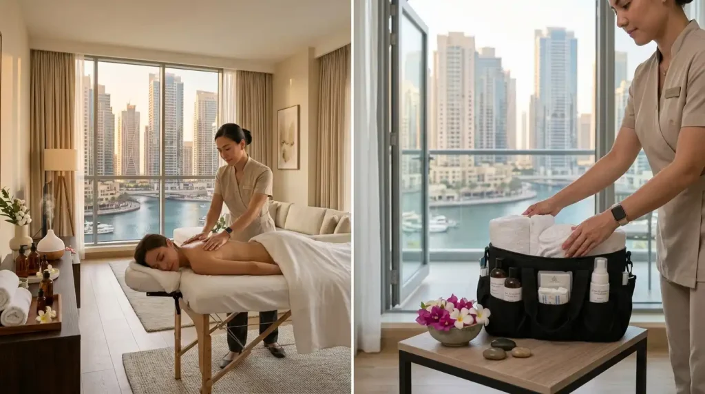 Close-up of a client receiving a deep tissue home massage Al Barari therapy session on a professional massage table.