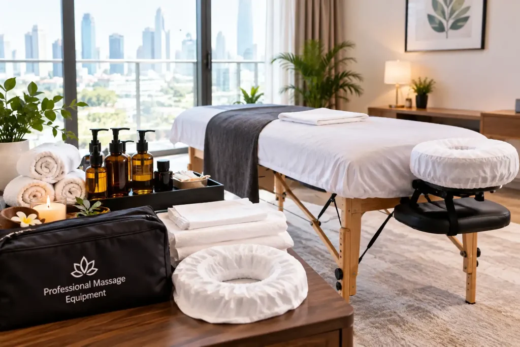 Home massage JVT setup with fresh linens and massage oils