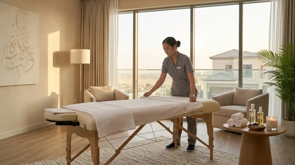 Massage at home Arabian Ranches 2 with professional massage table and fresh linens