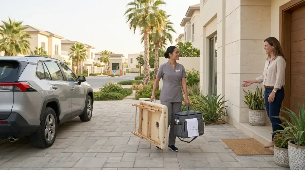 Massage at home Arabian Ranches 2 therapist arriving at a Dubai villa