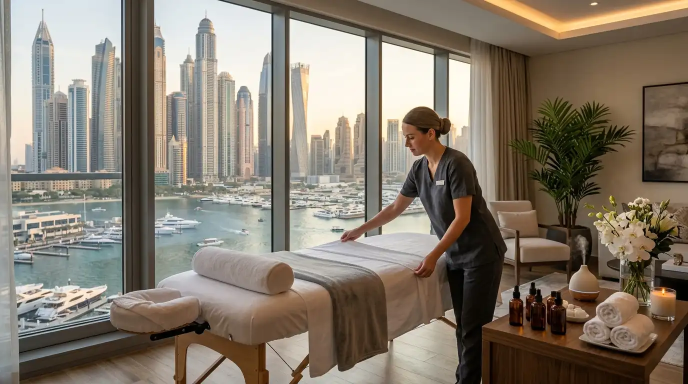 A serene in-home spa setup for a massage in Dubai featuring natural light and a panoramic Marina view.