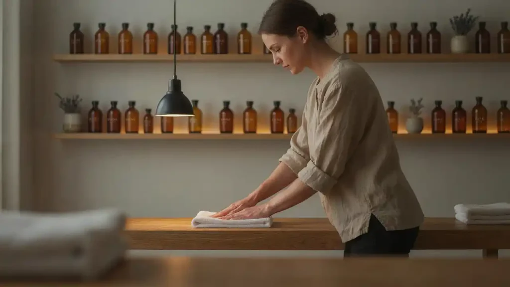 Therapist smoothing fresh linens in front of essential oil shelves prior to a mobile massage in The Gardens.
