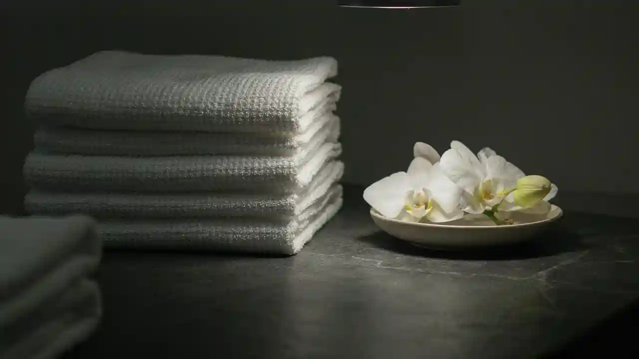 Freshly folded white towels and white orchid details prepared for a luxury spa at home Jumeirah 2 booking.