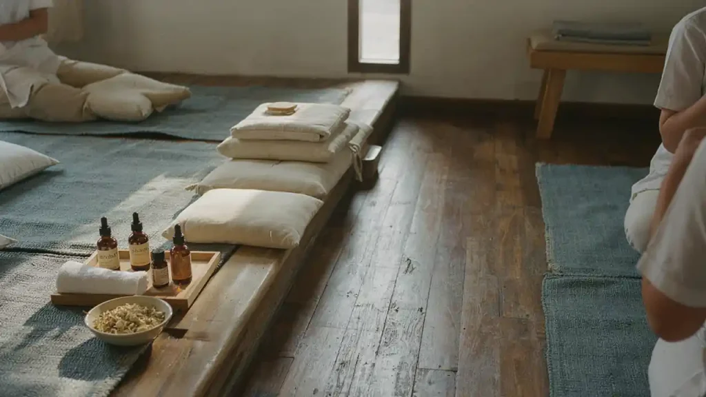 Professional massage oils, fresh towels, and cushions set up for a relaxing spa at home Jumeirah 2 session.