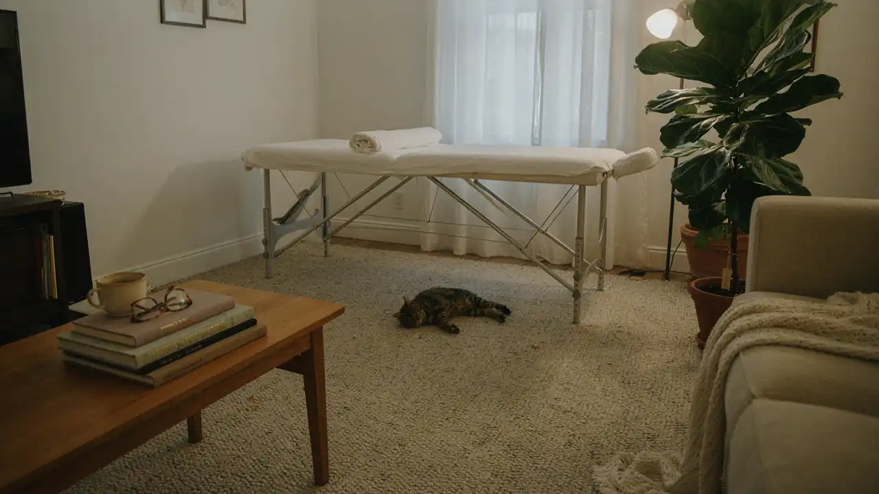 Fresh white towels, soothing aromatherapy oils, and hot stones prepared to book a home massage.